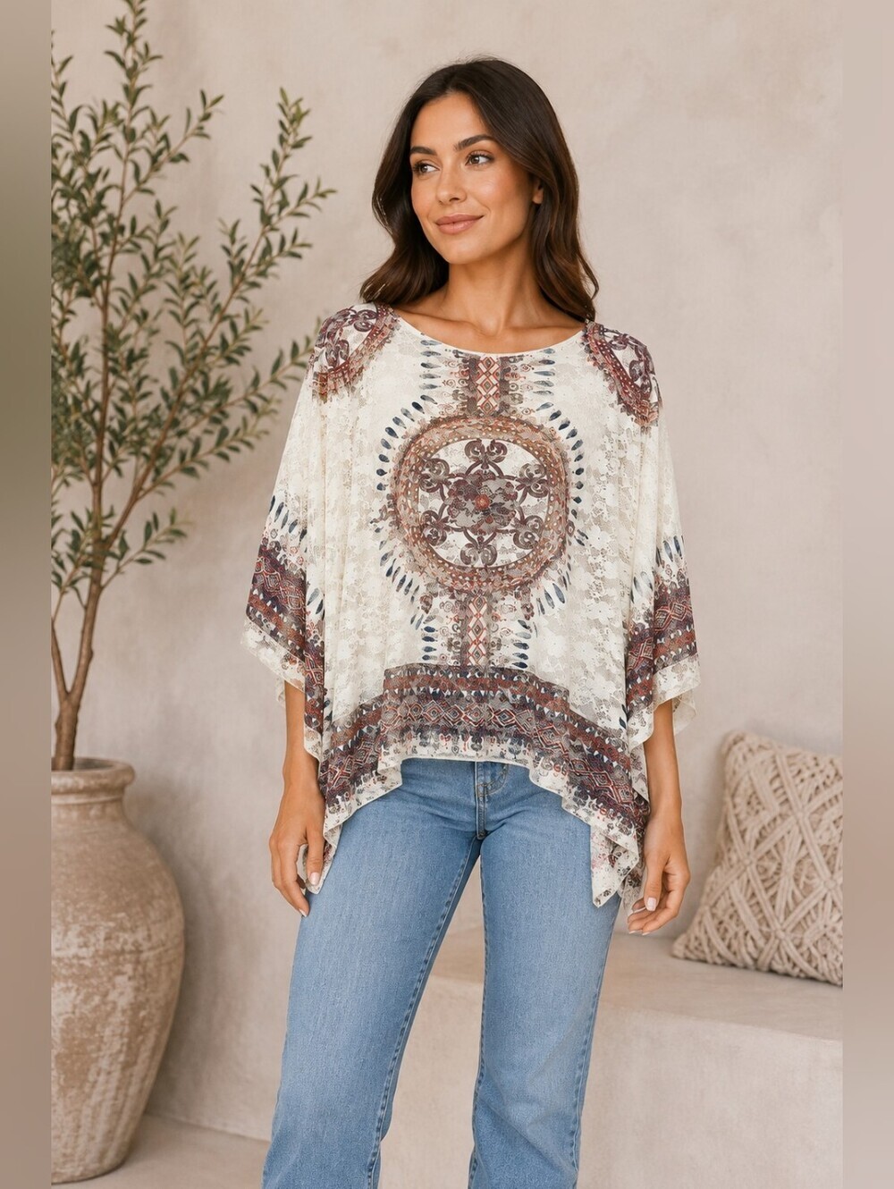 RXB Boho Lace Poncho Women's Small Oversized Floral Medallion Print Top